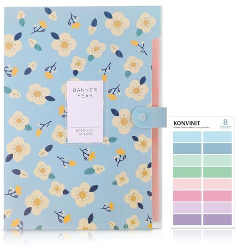 KONVINIT Fächermappe A4, Dokumentenmappe 8 Tasche,PP Floral Bedruckt Akkordeon Dokument Ordner mit Druckknopf,Mappen Ordnersystem Document Organizer,blau