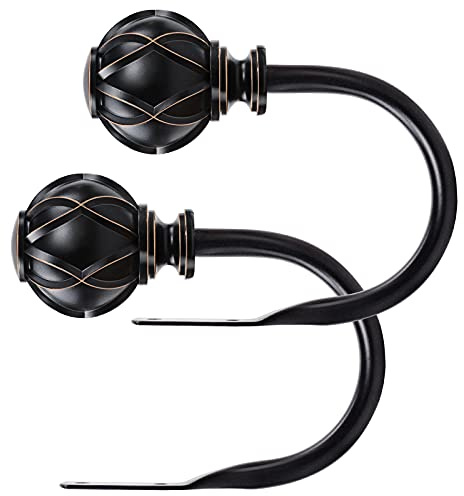KAMANINA Decorative Curtain Drapery Holdbacks, Curtain Tiebacks Hooks with Screws Wall Mounted, Netted Texture Finials for Drapes Window Home Decoration, Black (1 Pair/2 Pack), Small