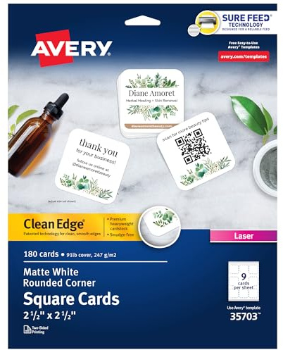 Avery Clean Edge Printable Square Cards with Sure Feed Technology, Rounded Corners, 2.5 x 2.5, White, 180 Blank Cards for Laser Printers (35703)