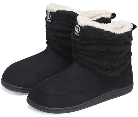 GURGER Hausstiefel Herren Hüttenschuhe Damen Plüsch Gefüttert Hausschuhe Hohe Winter Hüttenstiefel Warm Boot Slipper Feste Sohle Schwarz Größe 46 47