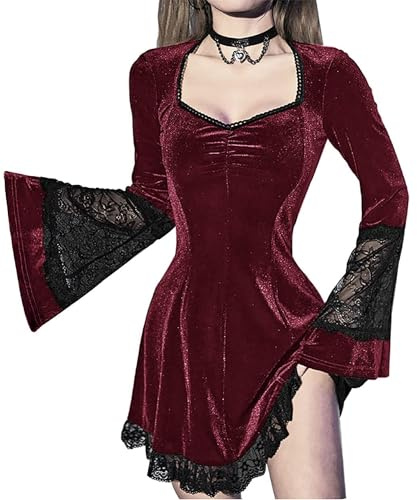 DINGJIUYAN Red Dress Goth-Gothic-Women-Dresses-Long-lace-Sexy-Clothes-mini-Emo-Sleeve-Wedding-Guest-Vampire