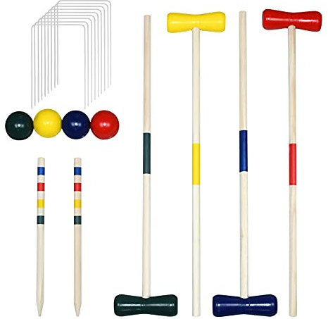TRMLBE Krocket Spiel Set Holz Krocketspiel Garten Croquet Set für 4 Spieler Holzspielzeug Outdoor Gartenspiel mit Schlägeln Heringen Wickets und Bällen