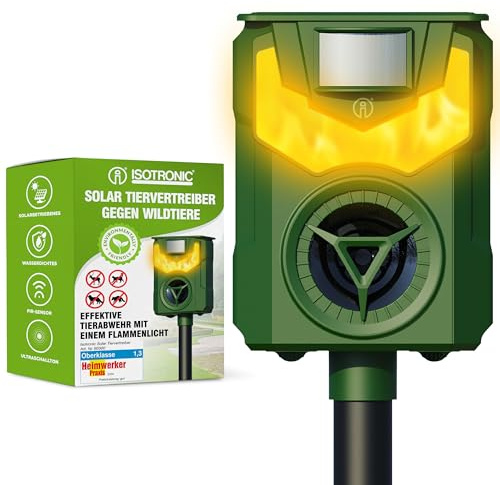 ISOTRONIC Solar Tiervertreiber zur Abwehr von Waschbären, Rehen, Füchsen & Wildschweinen – Wildtier Vertreiber mit Frequenz + Flammenlicht – effektive Tierabwehr (1 Stück)