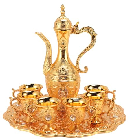 Vintage Turkiskt Kaffekannaset, Retro Kaffeserveringsset, Europeisk Stil Legerat Vinglasset med 6 Kaffekoppar & Hantverkstebricka för Bröllop på Tefest (Guld)
