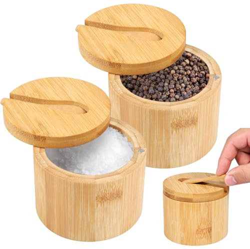 QINGLANG Paquete de 2 cuencos de bambú para sal y pimienta, caja de especias con tapa giratoria magnética y cuchara, bodega de sal y caja de almacenamiento, contenedor de condimentos para sal,