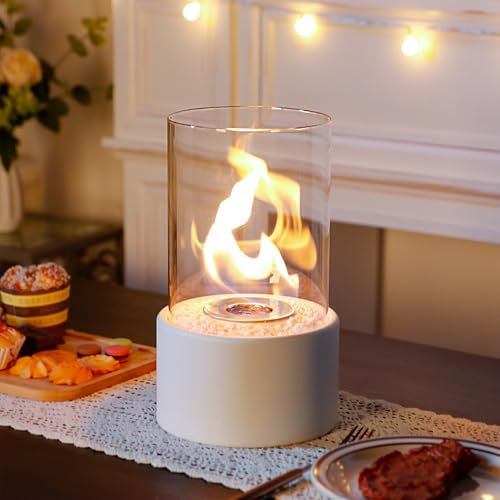 JHY DESIGN Round Tabletop Fireplace Fire Bowl Pot Portable Clean-Burning Bio Ethanol Ventless Firepit for Table Home Kitchen Living Room Garden Parties Events Wedding (White)