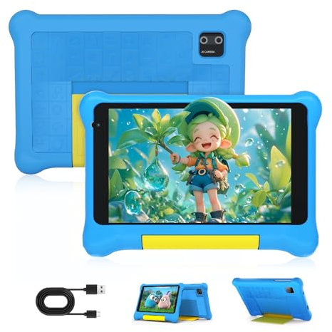 Byxsb Kinder Tablet 7-Zoll Android 13 Quad Core 5GB RAM 32GB ROM Bluetooth WiFi Dual-Kameras GMS stoßfestes Gehäuse vorinstallierte Kinderanwendungen Elternkontrolle (Blau)