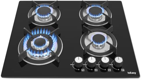 IsEasy Plaque Gaz 4 Feuxs Encastrable, Plaque de Cuisson Gaz 4 Feuxs Verre, Table Gazs 60cm, Gazs Bouteille et Ville, Avec buse NG/LPG