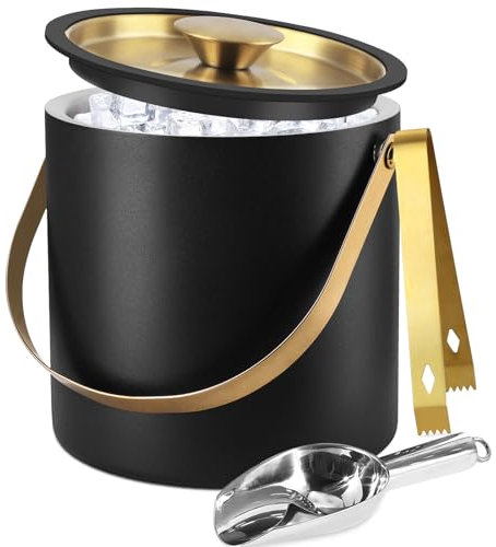 Bakpoco 3L Ice Bucket with Silicone Gold Lid, Scoop, Tongs & Strainer, Stainless Steel Double Wall Insulated Ice Buckets for Parties & Cocktail Bar, Outdoor Champagne Ice Container Bin, Black