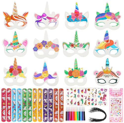 kayqbonke 36 Pièces Masques de Licorne pour Enfants, 12 Styles Masque Visage Enfant, Ensemble de Bricolage pour Enfants Masques de Licorne pour La Décoration Intérieure, Le Graffiti Fait à La Main