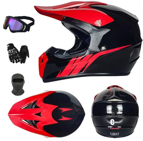 SMTSEC Motorradhelm Cross Kinder Erwachsene Full Face MTB Helm ATV Motocross Helm Damen Herren Mit Schutzbrillen Maske Handschuhe Downhill Helm Mopedhelm Schutzhelm Für Cruiser Chopper,Red/B-L