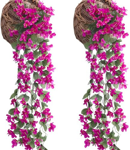 KiKiHong 2 Pezzi Fiori Artificiali Pendenti 85 cm,Fiori Artificiali da Interno per Matrimoni,Home Decor,Giardino(Rosso-Viola)