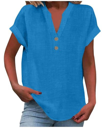 Chemisiers et Blouses Femme Tunique à Manches Courtes et Col en V | Blouses Femme avec Boutons Couleur Unie Coton Lin Tee Shirt Femme