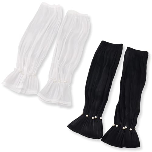 CABODYALS Manchette Tulle Blanche Noire Manchon Bras en Dentelle Manche en Mousseline de Soie Gants Longs sans Doigts avec Perles Glacée Couverture pour Femme ÉtÉ Protection Solaire Sports Mariage