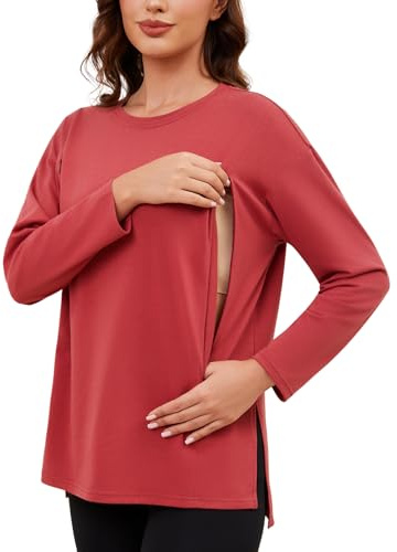 Love2Mi Maglietta da allattamento da donna con chiusura lampo nascosta, a maniche lunghe, per l'allattamento, per il tempo libero, Legno rosso, L