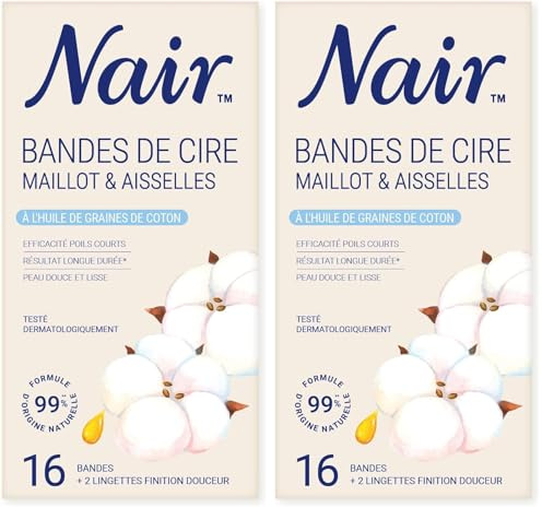 Nair Bandes de Cire Froide, pour le maillot et les aisselles, kit à domicile pour femmes, enrichie en huile de graines de coton, 16 bandes et 2 soins finition douceur. (Lot de 2)