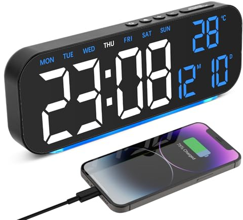 Foyucool väckarklocka, eldriven, digitala väckarklockor, sängbord med batteribackup, 4 nivåer ljusstyrka, omgivande nattlampa, dubbla larm, timer, USB-laddare för tunga sovande