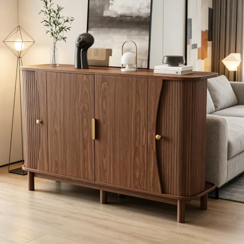 VIEKOS Aparador color nogal 140 x 40 x 88 cm de MDF, cómoda con bordes curvados, 2 puertas correderas, armario de almacenamiento para salón, pasillo, soporta hasta 60 kg