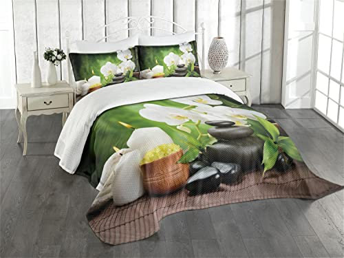 ABAKUHAUS Spa Tagesdecke Set, Zen-Steine und Orchideen, Set mit Kissenbezügen Klare Farben, für Doppelbetten 220 x 220 cm, Weiß Schwarz Grün