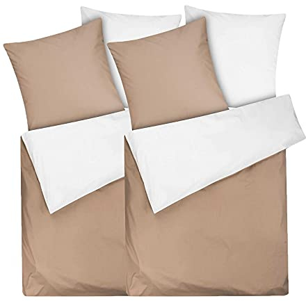 Moon 2er Pack Renforcé Uni Wendebettwäsche, Bettwäsche aus 100% Baumwolle, 135x200 / 80x80 (Creme/Taupe)