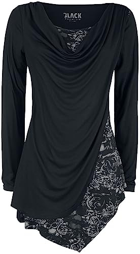 Black Premium by EMP Mujer Camisa Negra de Manga Larga con Escote Cascada y Estampado S