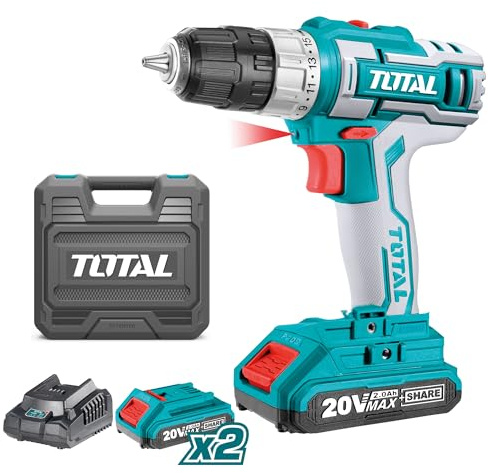 TOTAL Akku-Bohrschrauber P20S mit 20 V - automatisches Bohrfutter bis 10 mm - 15 Spann- und eine Bohrstufe - 2 Geschwindigkeiten und LED-Licht - mit 2 Akkus 2 Ah - Ladegerät, Koffer
