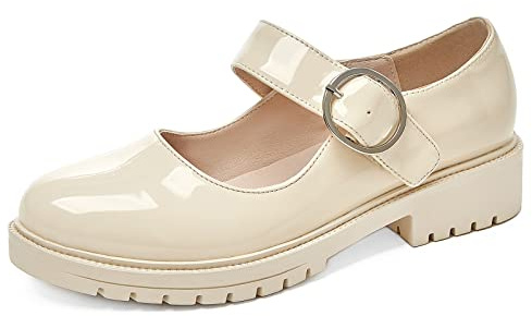 Bviennic Bout Rond Mary Jane Femmes Bride Cheville Escarpins Block Talons Moyen Vintage Bureau Loafers Travail Chaussures Mode Cuir Verni Chaussures Beige Taille 39 Eu-40Cn