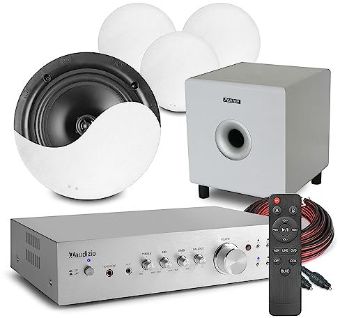 Power Dynamics Audizio 2.1 Bluetooth Ceiling Speaker System – AD220A Home Cinema Amplifier with 4x 6.5 NCSS6 Speakers, 8 White Subwoofer for TV & Music, Wireless & Wired Audio Connectivity