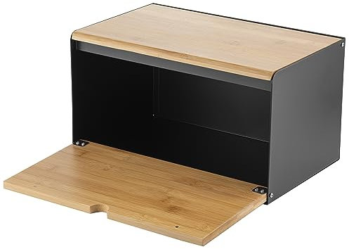 Florina Boîte à Pain BRUSTO 35,5 x 21,5 x 19,5 cm I Acier avec Couvercle en Bambou I Boîte à Pain Spacieuse et Moderne I Conservation du Pain Plus Longtemps I Couleur: Noir