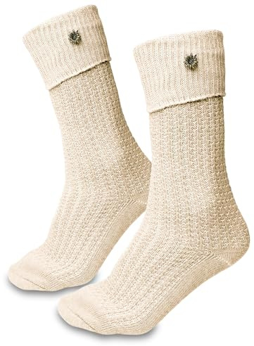 Steigenhöfer Manufaktur Calcetines largos para traje regional para hombre y mujer, medias clásicas hasta la rodilla en patrón trenzado, medias de algodón para Oktoberfest para hombres y mujeres, Beige