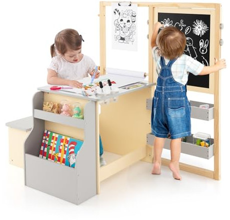 DREAMADE 3 in 1 Sitzgruppe, höhenverstellbares Tisch-Stuhl Set mit Strauraum, Papierrolle, Ablagefächer & Bücherregal, Kinder Staffelei Maltisch Set für Kinder ab 3 Jahren (Grau)