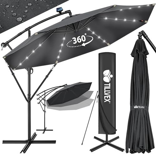 tillvex 350 cm Sombrilla Excentrico con 32 Luces LED Solar | Parasol para Terraza Jardín Balcón Patio | con Manivela y Base en Cruz, Giratorio 360º, Protección UV