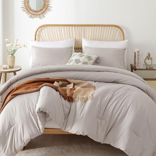 ROSGONIA Comforter Full Size for Girls Boys Teens Linen Grey, 3pcs (1 Gray Comforter & 2 Pillowcases) Lightweight Dorm Bedding Full Size