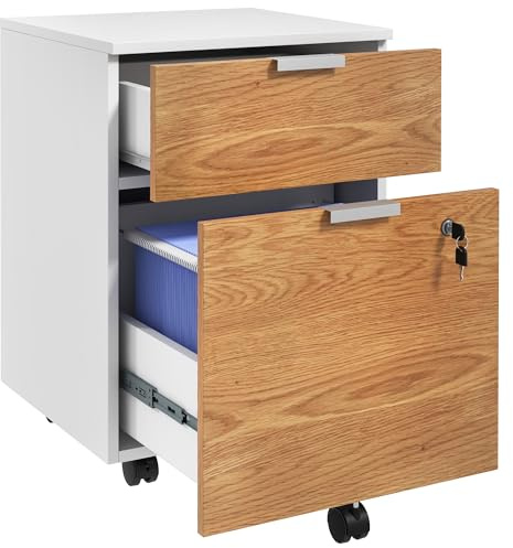 HOMCOM Cassettiera da ufficio, Mobile Contenitore Portaoggetti a 2 cassetti, 2 barre di sospensione, schienale sospeso, chiudibile a 2 chiavi, 4 ruote 42 x 40 x 60 cm, effetto legno, bianco e naturale