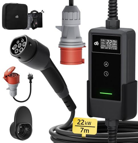 dé Mobile Wallbox/Ladestation 22kW Mit App [3-phasig|7m|6-32A] mit stromzähler, Ladekabel CEE 32A auf Typ 2 und EV Ladegerät für Model Y/3, ID.3/4/5, MG4, EX30, e-up, e-tron und andere EV/PHEV