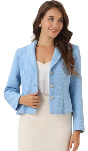 Allegra K Blazers en Tweed pour Femmes Col à Revers Manches Longues Vestes Courts Blazer Boutonné Cintré Costume d'affaires Blazer d'automne et d'hiver Bleu M