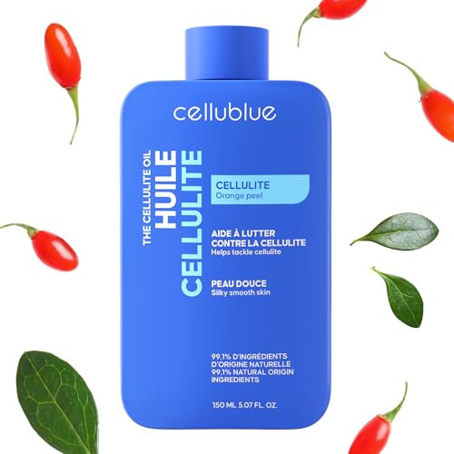 Olio da Massaggio Anticellulite Cellublue – Nuova formula potenziata con 4 super food – Naturale – Palper-Rouler semplificato – Ideale per la ventosa anticellulite – Profumo Monoï