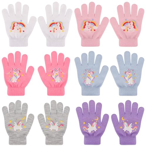 QKURT 6 Pairs Kids Gloves, Children Unicorn Gloves Winter Thermal Mitten Magic Glove Full Finger Stretchy Glove Boys Girls Knitted Mitten for 4-12 Years Old