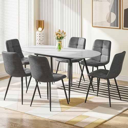 Luxstein Extendable Dining Table and Chairs Set 6, 120-160cm Oval Marble Effect Table with 6 Grey Upholstered PU Leather Chairs for Dining Room, Kitchen