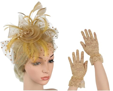 SLXLYH Elegante tocado de velo de encaje y guantes de encaje para la muñeca, decoración del cabello para bodas, fiestas de té vintage (dorado)