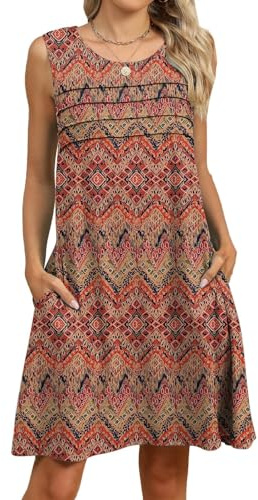 PICKLION Women's Summer Boho Dress Ladies Floral Sleeveless Tank Dress Casual Beach Midi Dresses with Pockets FloralRed S