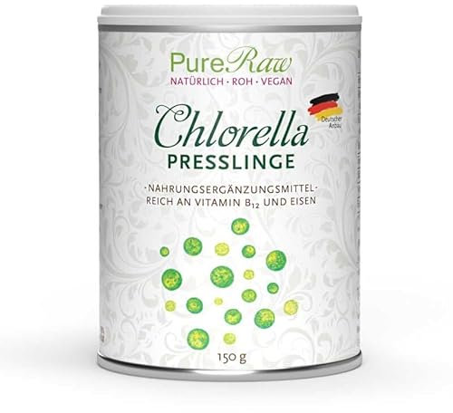 Chlorella Tabletten Presslinge aus Deutschland - Regional, Rein & Kontrolliert (Roh Vegan) Chlorellaalgen reich an Vitamin B12 Eisen Spermidin Chlorophyll - Chlorella Vulgaris Tablets PureRaw 150g