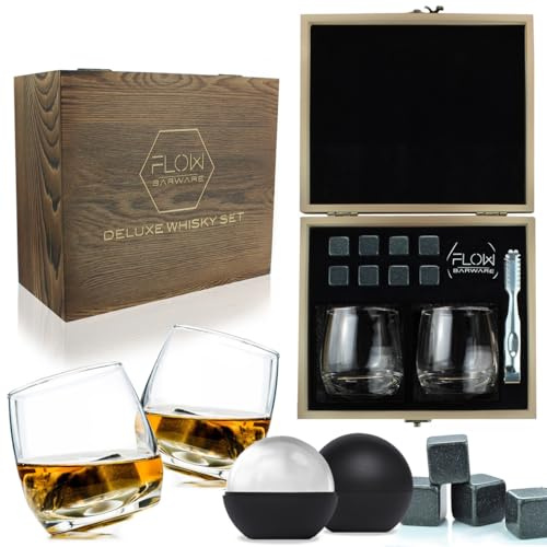 FLOW Barware - Caja de Regalo de Madera con Juego de Vasos oscilantes de Cristal de Whisky y Piedras de Whisky