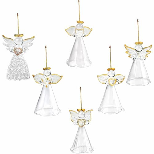 4E's Novelty Glass Angel Ornaments for Christmas Tree (Set of 12) - 2.5 Mini in 6 Unique Design, Crystal Spun Glass Angel Ornaments for Christmas Tree,