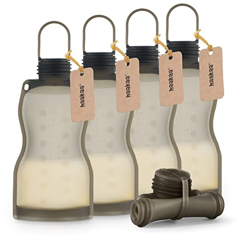 haakaa Bolsa de almacenamiento de leche de silicona (5 unidades), bolsas reutilizables para leche materna, silicona de grado alimenticio, sin BPA, 9 onzas/260 ml