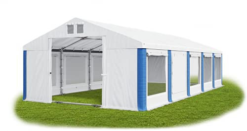 Das Company Partyzelt 5x10m Lagerzelt Universalzelt Moskitonetz Zelt weiß-blau mit Bodenrahmen und Dachverstärkung 560g/m² PVC Plane wasserdicht Robust Festzelt Gartenzelt Summer Plus ISDM