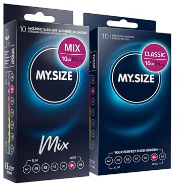 MY.SIZE Mix Set Size 6, 64 mm: 10 Classic Condoms + 10 Condoms in 4 Exciting Varieties, Flavor, Color, Ribbed