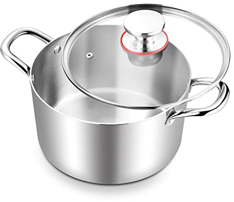TeamFar 6 Quart Stock Pot, Stainless Steel Tri-Ply Cooking Pasta Pot with Tempered Glass Lid for Induction/Electric/Gas/Ceramic, Healthy & Sturdy, Double Riveted Handles & Dishwasher Safe