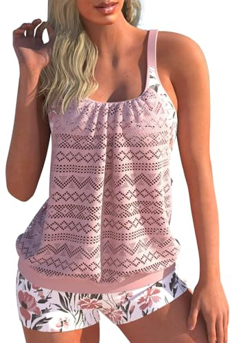 IHCEMIH Swimming Costume Women Tankinis Sets Blouson Swimsuits Push up Hollow High Waisted Swimwear Bathing Suit Women's Printed Beachwear 2 Piece Tankini with Shorts for Ladies UK Pink M