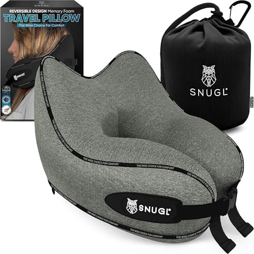 SNUGL Travel Pillow – Memory Foam Neck Pillow for Travel – Support Cushion for Airplane with Carry Bag & Clip - Holiday Essentials (Light Green - Adult Small)